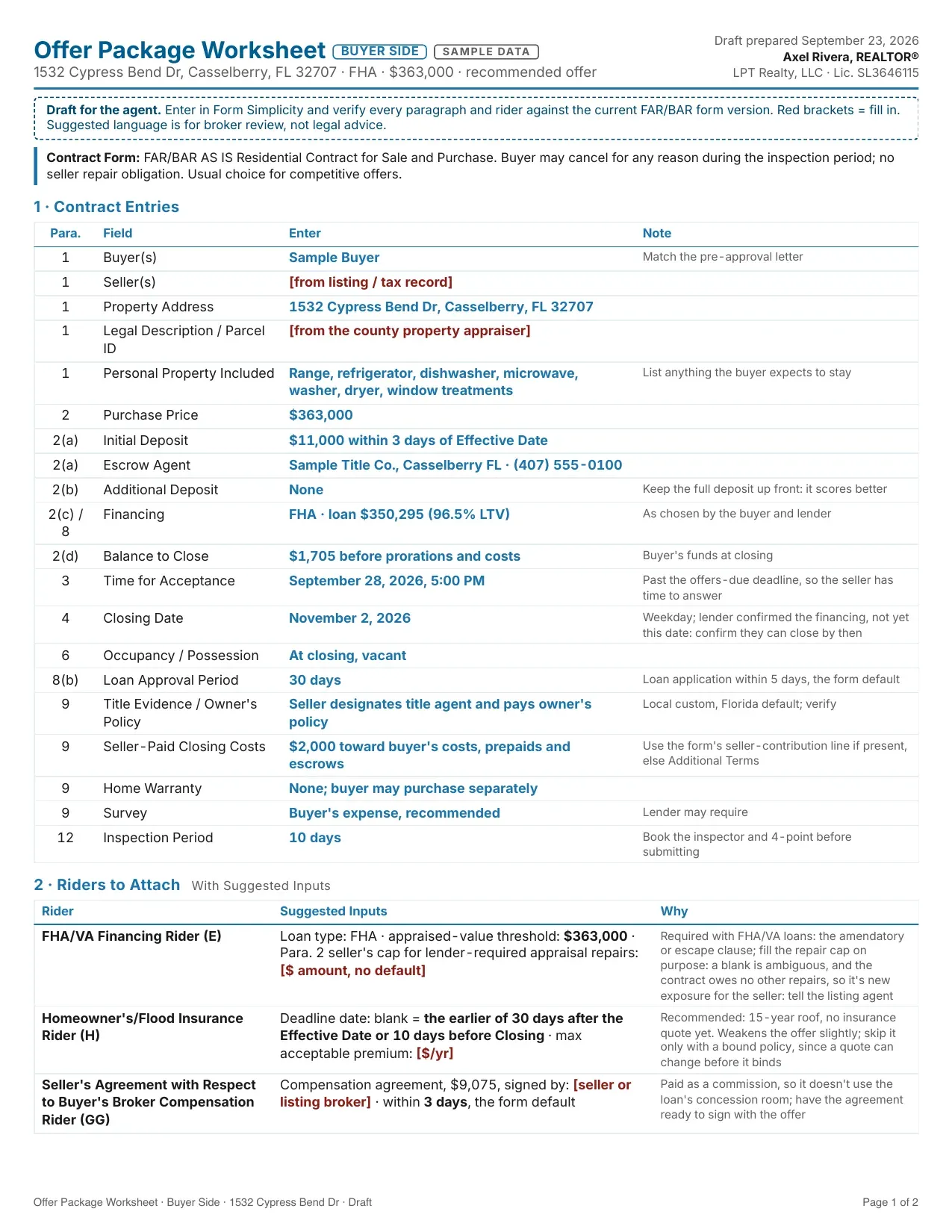 Page 1 of a sample Offer Worksheet, with fictional data