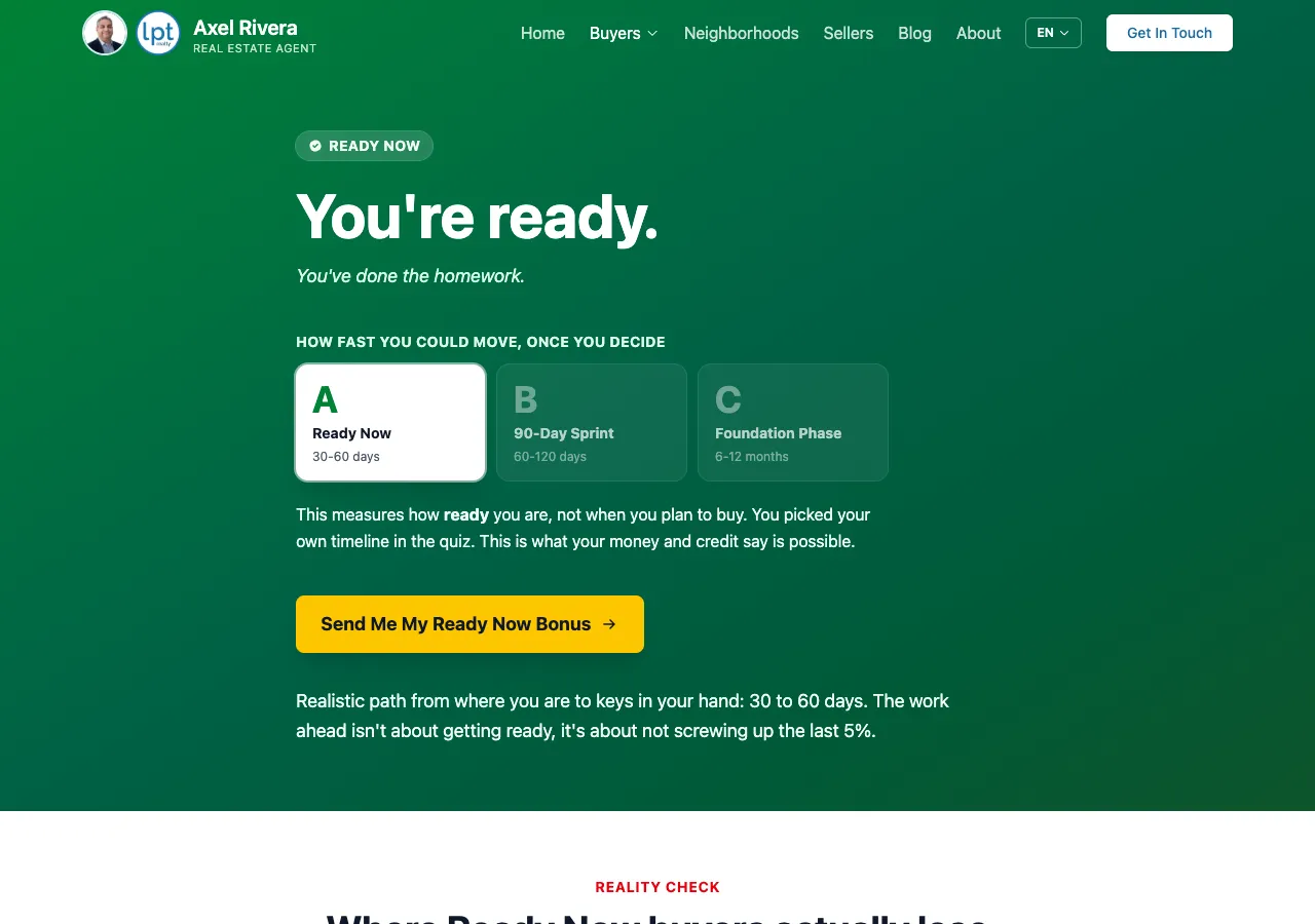 The Ready Now result page: a green hero reading You're ready.