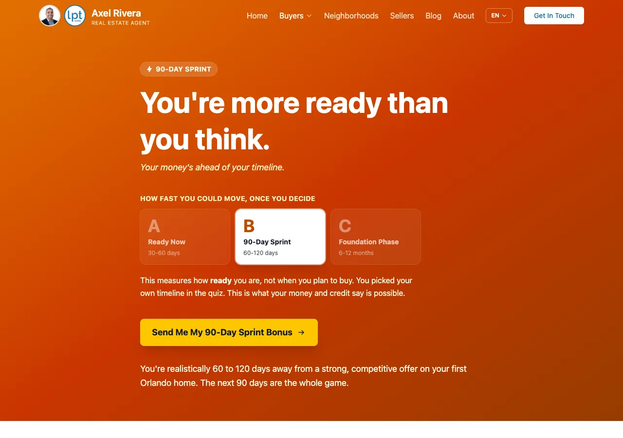 The 90-Day Sprint result page, in amber.